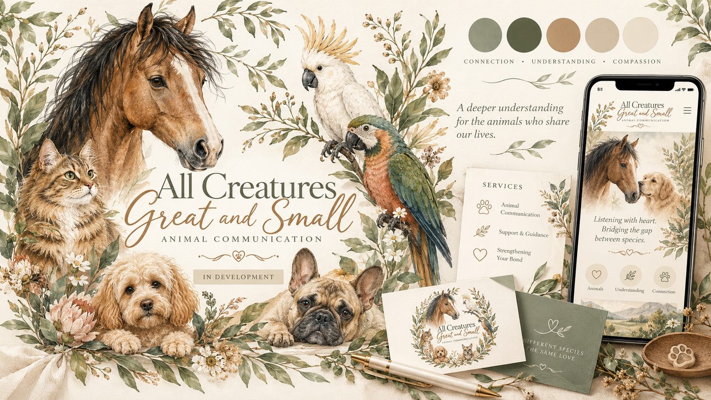 All Creatures Great and Small concept board: watercolour animals, colour palette, stationery and a phone mockup