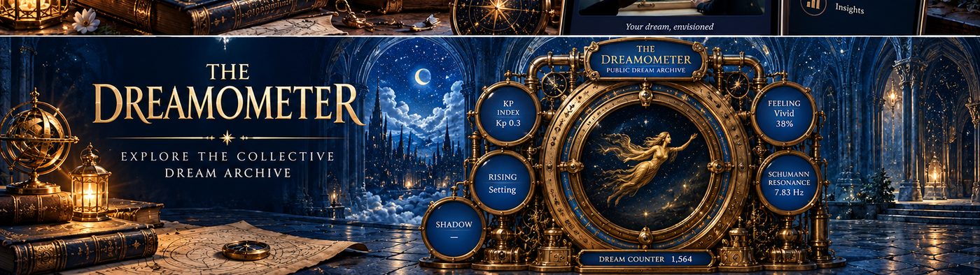 The Dreamometer promotional artwork: a gold and blue instrument showing collective dream readings